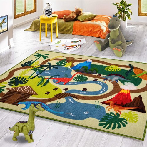Booooom Jackson Large Dinosaur Rug,Prehistoric Dinosaur Adventure Play Rug - Polyester with Non-Slip Latex Backing Dinosaur Play Mat,Dinosaur Land Mat,Dinosaur Carpet,Dinosaur Area Rug for Kids Room