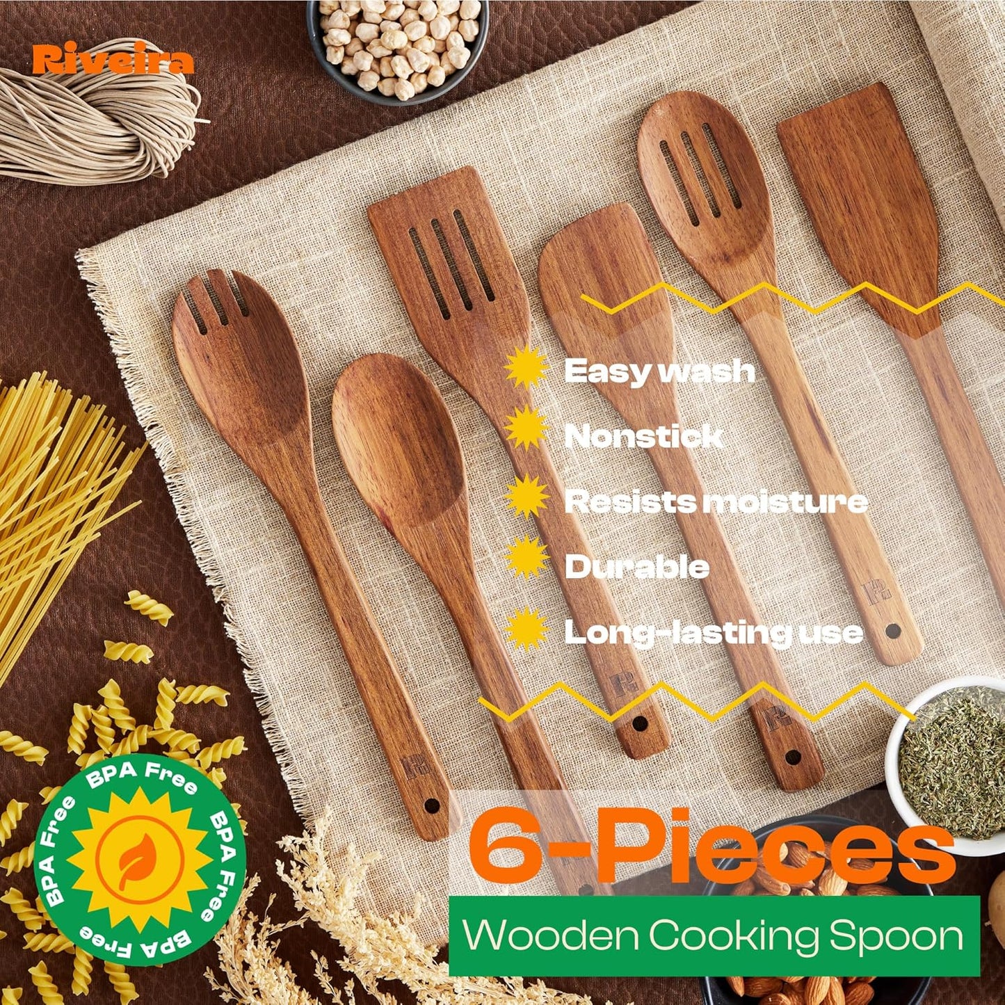 Riveira Teak Wooden Cooking Spoons Set of 6 - Premium Natural Teak Utensils for Non-Toxic Cooking
