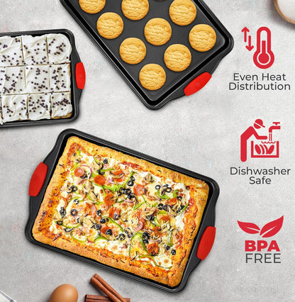PERLLI Non-Stick Baking Pan Set - 3-Piece BPA-Free Carbon Steel Bakeware with Silicone Handles | Oven Safe Up to 446°F