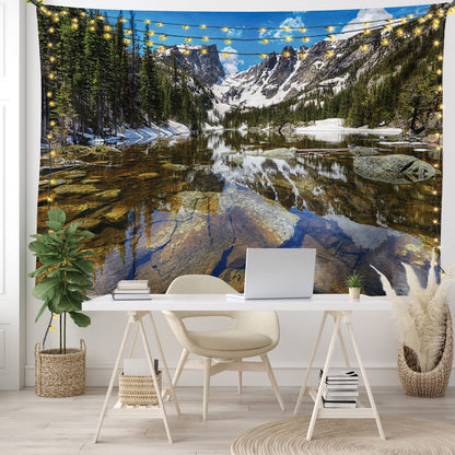 Ambesonne Landscape Tapestry, Dream Mirroring Lake at the Mountain Park in West America River Snow Print, Wide Wall Hanging for Bedroom Living Room Dorm, 60" X 40", Green Brown Blue