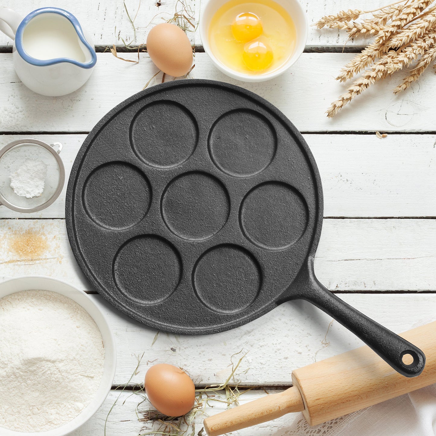 Commercial CHEF Cast Iron Pancake Pan, Silver Dollar Pancake Griddle, Easy to Clean & Heats Evenly, Makes 7 Mini Silver Dollar Pancakes