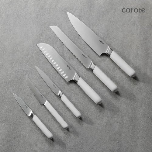 CAROTE 14PCS Knife Set with Acrylic Block, Kitchen Knives with Built-in Sharpener, Cutlery Set with High Carbon Stainless Steel Sharp Blade, Dishwasher Safe, White