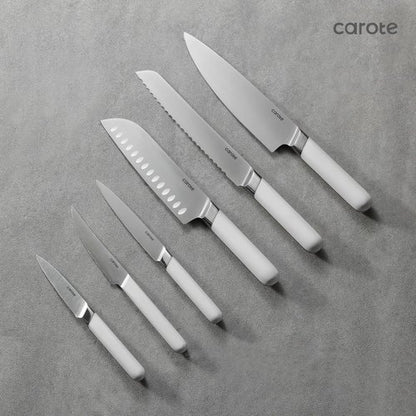 CAROTE 14PCS Knife Set with Acrylic Block, Kitchen Knives with Built-in Sharpener, Cutlery Set with High Carbon Stainless Steel Sharp Blade, Dishwasher Safe, White