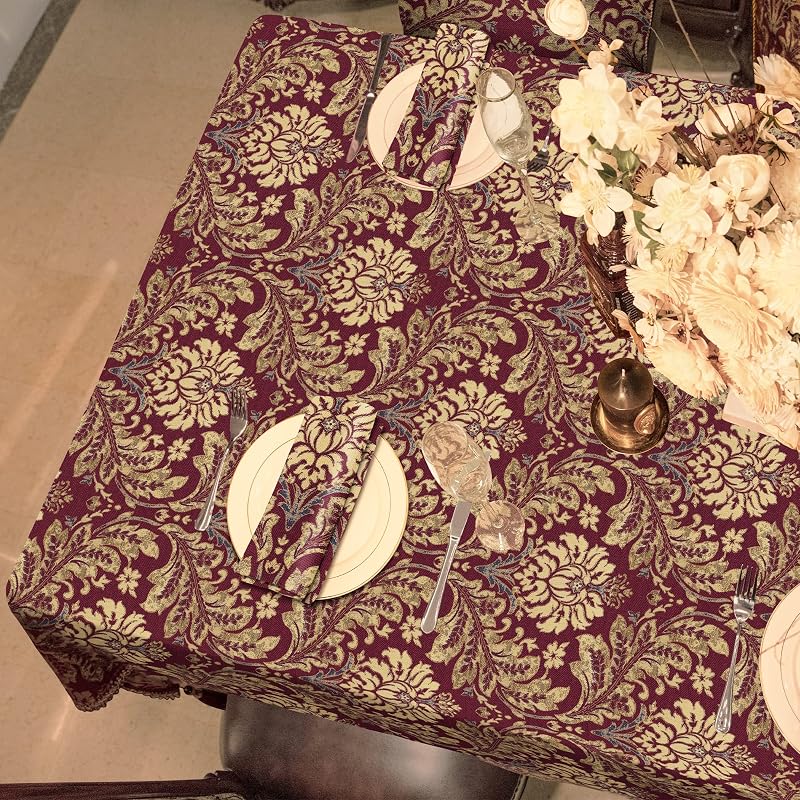 Jacquard Burgundy Red Rectangle Tablecloth 60x120 Inch - Damask Pattern, Water-Resistant