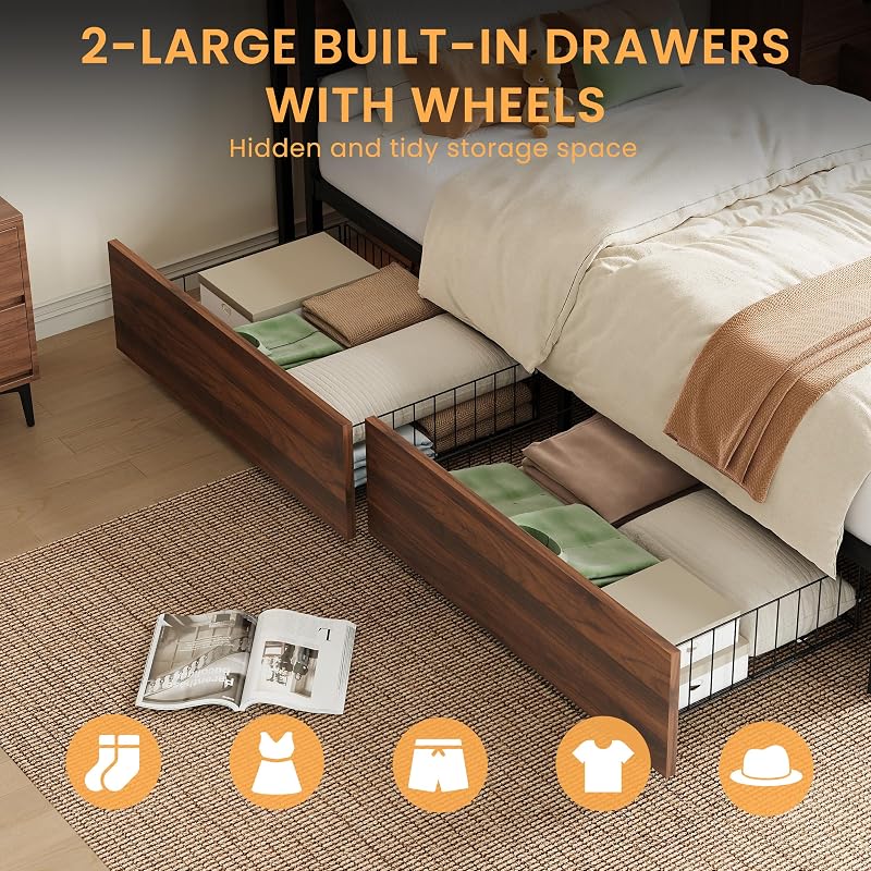 LIKIMIO Walnut Twin XL Bed Frame with DIY Storage Drawers & LED Headboard