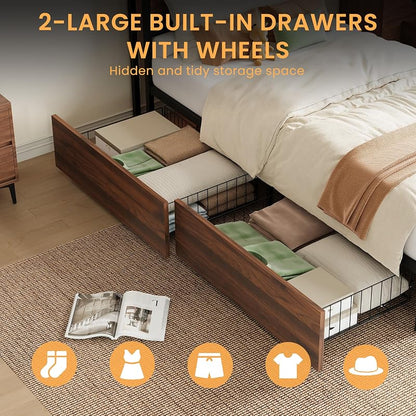 LIKIMIO Walnut Twin XL Bed Frame with DIY Storage Drawers & LED Headboard