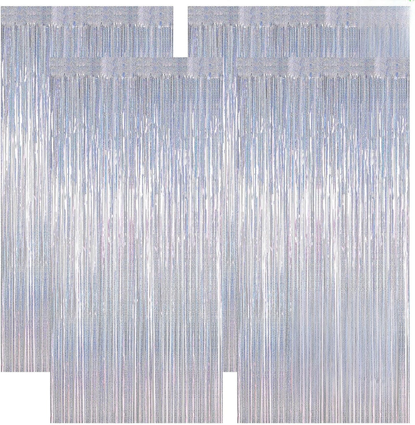 NYE Silver Tinsel Foil Curtain - 4 Pack Glitter Backdrop | 3.28 FT x 7.05 FT Metallic Party Decor