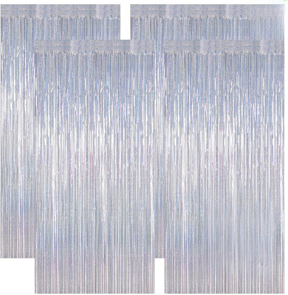 NYE Silver Tinsel Foil Curtain - 4 Pack Glitter Backdrop | 3.28 FT x 7.05 FT Metallic Party Decor