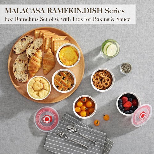MALACASA Ramekins - 8 oz White Porcelain Set of 6 with Lids | Oven & Dishwasher Safe Custard Cups