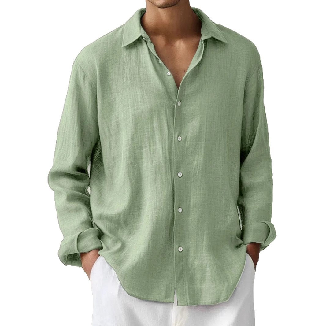 Men?s stylish solid-color long-sleeve button-down shirt
